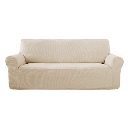 Deconovo Jacquard Sofa Cover Stretch Slipcovers Small Checks Polyester Anti-Slip Spandex Fabric Sofa Fabric Protector Couch Cover(Three Seats, Beige)