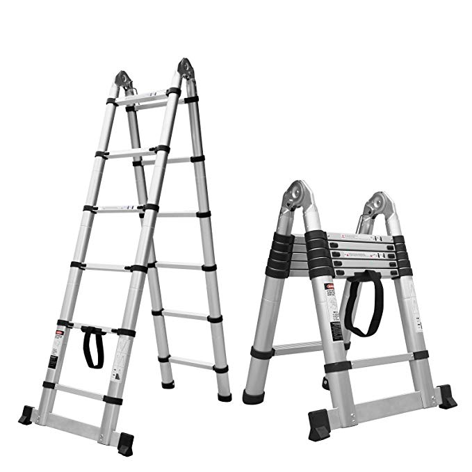 12.5ft Aluminum Double Side Telescopic Combination Extension Ladder Certified Extendable Telescoping Ladder with footstand and Spring Loaded Locking Mechanism Non-slip Ribbing 330 Pound Capacity