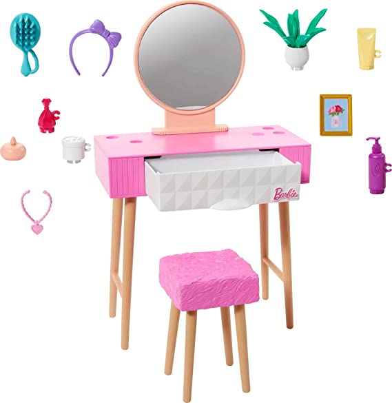 Barbie Furniture and Accessory Pack, Barbie Doll House Décor, Vanity Theme, Kids Toys and Gifts, Mirror, Stool and Beauty Products​