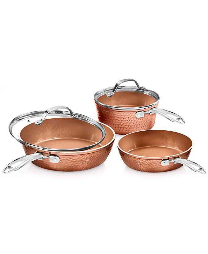 Gotham Steel Premium Hammered Cookware – 5 Piece Ceramic Cookware, Pots and Pan Set with Triple Coated Nonstick Copper Surface & Aluminum Composition for Even Heating, Oven, Stovetop & Dishwasher Safe