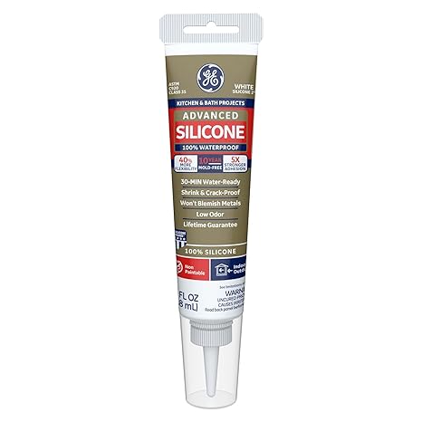 GE Advanced Silicone Kitchen & Bath Sealant White, 2.8 fl oz, Tube 1-Pack