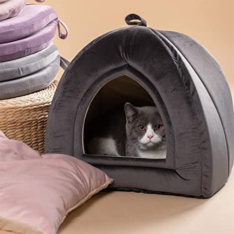 KASENTEX Cat Bed for Indoor Cats, 2-in-1 Cat House Pet Supplies for Large Cat or Small Dog - Animal Cave, Cat Tent with Removable Washable Pillow Cushion (Dark Grey, 19x19x19)