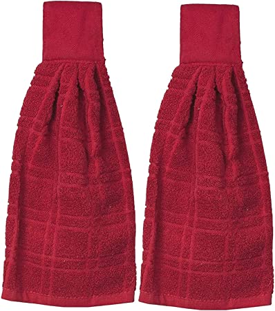 Kovot Set of 2 Cotton Hanging Tie Towels | Include (2) Hanging Towels That Latch with Hook & Loop (Red)