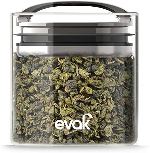 Best PREMIUM Airtight Storage Container for Coffee Beans, Tea and Dry Goods - EVAK - Innovation that Works by Prepara, Glass and Stainless, Compact Dark Chrome Handle, Small