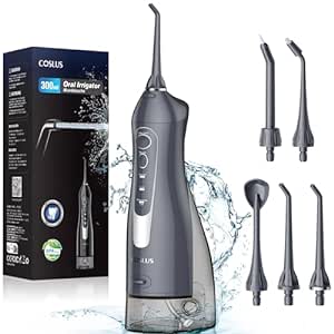 COSLUS Water Dental Flosser Teeth Pick: Portable Cordless Oral Irrigator 300ML Rechargeable Travel Irrigation Cleaner IPX7 Waterproof Electric Flossing Machine for Teeth Cleaning F5020E Grey