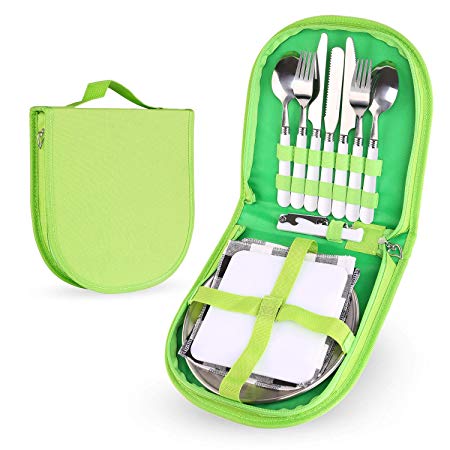 Odoland 12 Piece Silverware Kit Cutlery Organizer Utensil Picnic Set with Stainless Steel Plate, Spoon, Butter and Serrated Knife, Wine Opener Fork and Napkin, Perfect for Hiking, Camp Kitchen, BBQ