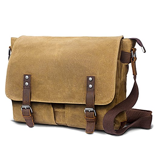 SUVOM Mens Canvas Leather Laptop Messenger Bag Shoulder Crossbody Bag School Satchel-14 Inch