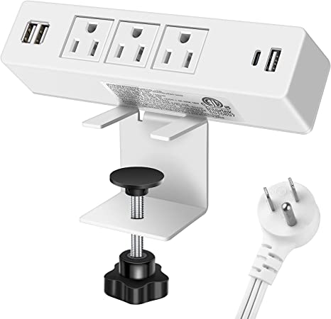 White Desktop Clamp Power Strip with USB, Surge Protector Power Charging Station Outlet with 3 Plugs 3 USB-A 1 USB-C PD 18W Fast Charging Multi-Outlets for Home Office Garage Workshop