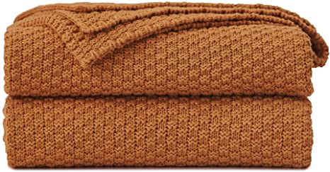 Longhui bedding Burnt Orange Knitted Throw Blanket for Couch, Soft, Cozy Machine Washable 100% Cotton Sofa Knit Bed Blankets, Heavy 5.9lb Weight, 75 x 90 Inches, Laundry Bag Included