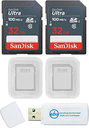 SanDisk Ultra 32GB (2 Pack) SDHC UHS-I Card Class 10 SDSDUNR-032-GN3IN Bundle with 2 SD Card Cases and 1 Everything But Stromboli Memory Card Reader