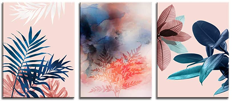 Canvas Wall Art for Girls Bedroom Bathroom,3 Pieces Tropical Botanical Prints Abstract Watercolor, Modern Navy Blue Leaf Picture Artwork Framed Ready to Hang,Teen Girls Woman Room Blush Pink Decor