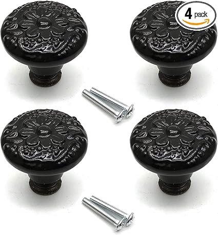 Dresser Knobs,4pcs, 1.3" Dia. Ceramic Door Knobs Painted Cabinet Drawer Wardrobe Pull Handles Black Decorative Door Knobs with Mounting Screws Pull Knobs for Drawers