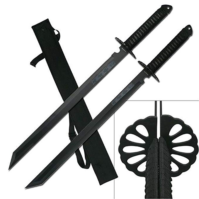 2PC Combo Full Tang 28" Tanto Ninja Katana Twin Sword Machete w/ Nylon Sheath   Black Chinese Engraved on Blade Edition