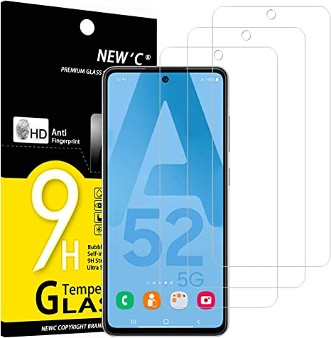 NEW'C 3 Pezzi, Vetro Temperato per Samsung Galaxy A52, A52 5G, A52S 5G, Pellicola Prottetiva Anti Graffio, Anti-Impronte, Senza Bolle, Durezza 9H, 0,33mm Ultra Trasparente, Ultra Resistente