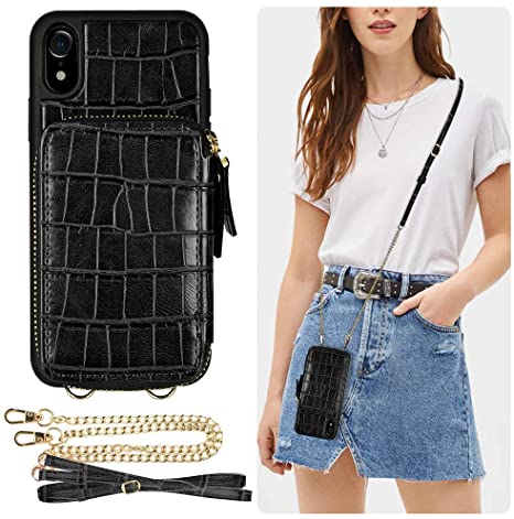 iPhone XR Wallet Case, ZVE iPhone XR Case with Credit Card Holder Slot Crossbody Chain Strap Shockproof Protective Zipper Crocodile Grain Leather Case Cover for Apple iPhone XR, 6.1 inch - Black
