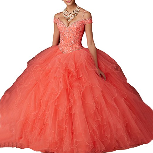 Women's Long Sweet 16 Ball Gowns Puffy Quinceanera Prom Dresses
