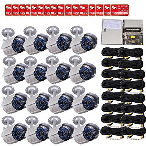 VideoSecu 16 Pack Infrared Day Night Outdoor Bullet Security Cameras 520 TVL 36 IR LEDs Built-in Mechanical IR-Cut filter switch for CCTV DVR Surveillance with Power Supply Box and Cables IR808HN WD0