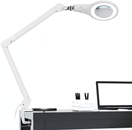 COSTWAY LED Magnifier Lamp with Swivel Arm and 4 Brightness Illuminated, Adjustable Clamp-on Magnifying Glass Lamp for Reading Work Office