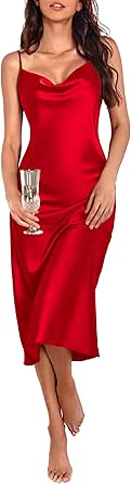 Ekouaer Womens Satin Nightgown Sexy Lingerie Sleepwear Spaghetti Strap Cowl Neck Elegant Long Slip Satin Silk Midi Dress