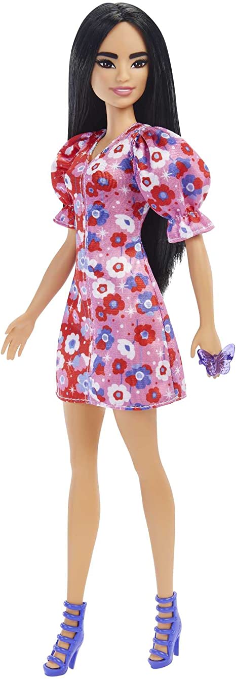 Barbie Fashionistas Doll, with Long Black Hair & Color Block Floral Dress with Puffed Sleeves, Strappy Purple Heels, Butterfly Ring, Toy for Kids 3 to 8 Years Old