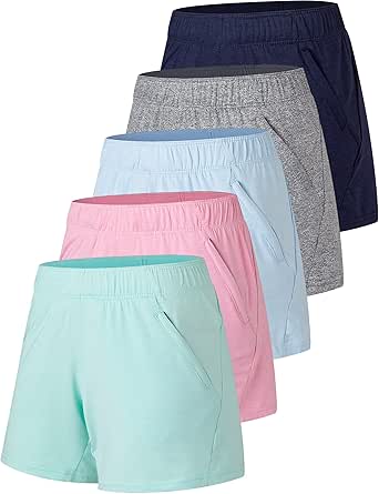 5 Pack: Womens Workout Gym Shorts Casual Lounge Set, Ladies Active Athletic Apparel with Zipper Pockets