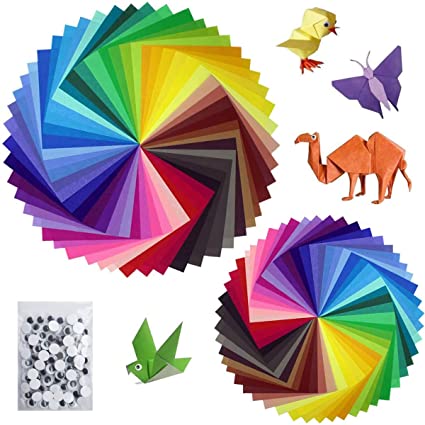 Sunerly 200 Sheets 50 Vivid Colors Single Sided Origami Paper for Arts and Crafts Projects   100PCS Wiggle Googly Eyes (100 Sheets 15x15cm   100 Sheets 10x10cm)