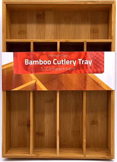 Bamboo Kitchen Tray Organizer - Bamboo Drawer Organizer - Silverware tray - Bamboo Hardware Organizer - 5-Compartment - by Utopia Kitchen