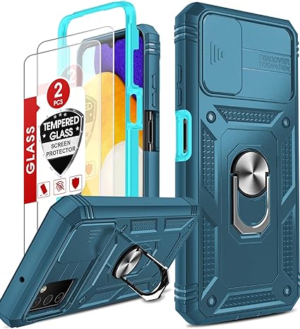 LeYi for Samsung A03s Case: Samsung A03s Case with Slide Camera Cover   [2 Packs] Tempered Glass Screen Protector, 360 Full Body Military-Grade Phone Case with Kickstand for Samsung A03s, Sea Blue