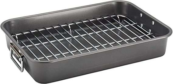 Farberware Nonstick Bakeware 11-Inch x 15-Inch Roaster with Flat Rack, Gray