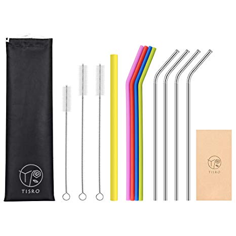 TISRO Reusable Straws, 4 Metal 4 Silicone(BPA Free) 1 Boba/Smoothie Drinking Straws, Top Patent ''Mouth-Safe'' Stainless Steel Straws with Cleaning Brushes and Carry Bag.Black