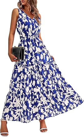 Wedding Guest Dresses for Women 2024 Summer Casual Boho Vacation Beach Maxi Dresses Deep V Neck Sleeveless Sundress