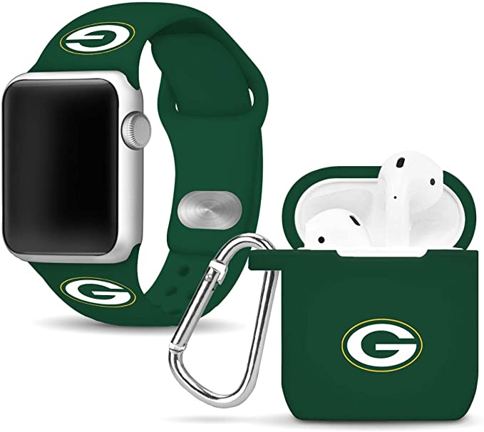 GAME TIME Green Bay Packers Silicone Watch Band and Case Cover Combo Package Compatible with Apple Watch and AirPods Battery Case (42/44mm - Green/Green)