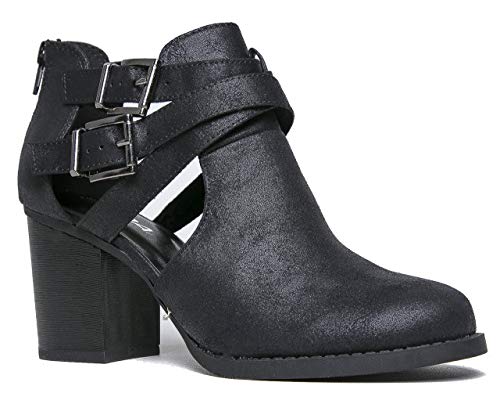 J. Adams Cut Out Buckle Ankle Bootie - Low Stacked Wood Heel Western Round Boot - Vegan Leather Sammi by