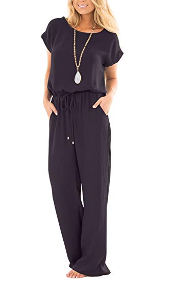 NuoReel Womens Casual Short Sleeve Jumpsuit Loose wide leg Romper Pants With Pockets