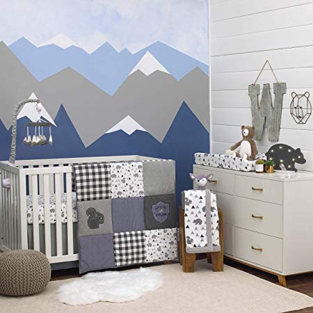 NoJo Mountain Patchwork 4Piece Nursery Crib Bedding Set, Grey/Denim/Slate Blue/White
