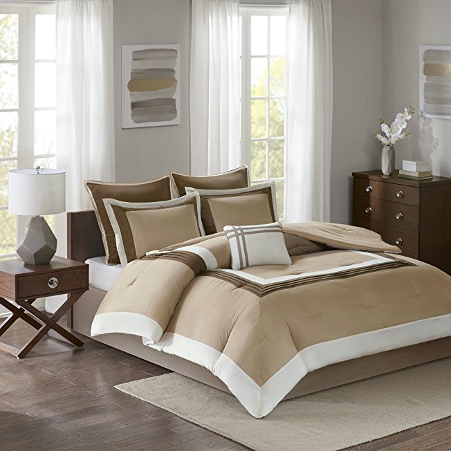 Comfort Spaces - Malcom Comforter Set - 7 Piece – Natural - King Size, Includes 1 Comforter, 2 Shams, 1 Bedskirt, 2 Euro Shams, 1 Decorative Pillow