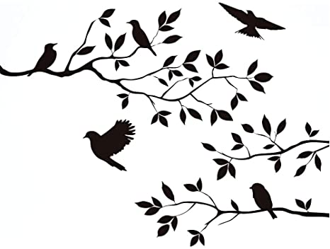 Black Flowers Tree Birds Wall Art Stickers Decal for Home Room Decor Decoration