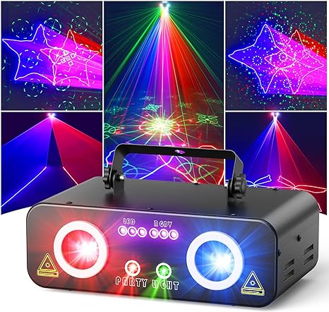 KeoBin Versatile DJ Laser Party Lights, Professional 5 in 1 RGB Laser Light Show Projector with DMX512, Sound Activated & Remote Control for Indoor Parties Disco Club Stage Chrismas Birthday Wedding