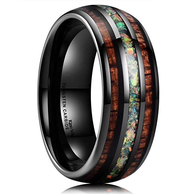 King Will Nature 8mm Tungsten Carbide Wedding Ring Inlaid with Real Wood & Multicolor Opal Engagement Band