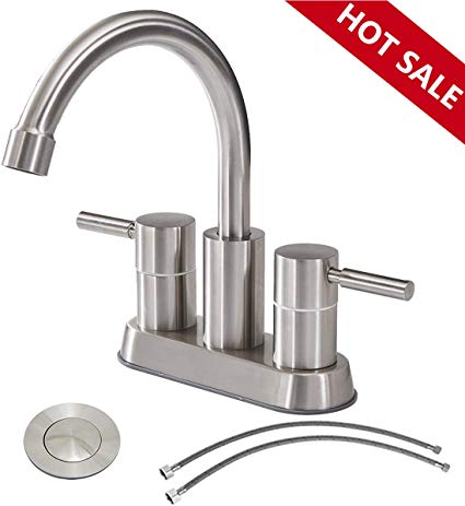 Commercial Double Handle Brushed Nickel Bathroom Faucet, Stainless Steel Bathroom Sink Faucet Lavatory Faucets With Pop-Up Drain and Hot & Cold Water Hose