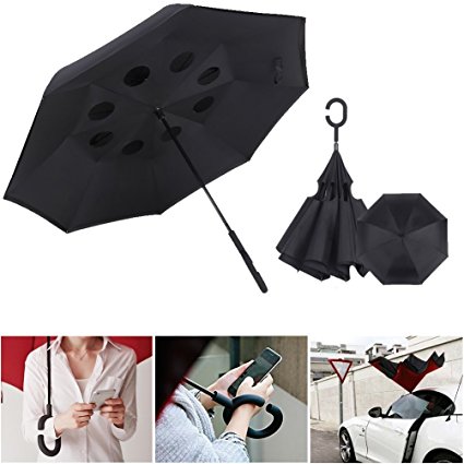 HeeBin Fashion Straight Rod Double Layer Inverted Umbrella With C-Shaped Hands Free Handle