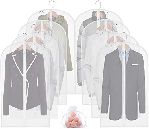 homeminda Moth Proof Garment Bags 8packs 40in Clear Hanging Lightweight Breathable Suit Dust Covers with Study Full Zipper and Cedar Balls for Storage Clothes