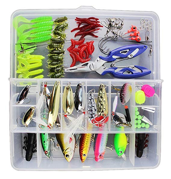 Vicloon 101 PCS Fishing Lures Mixed Including Spinners,VIB,Treble Hooks,Single Hooks,Swivels,Pliers,Leaders