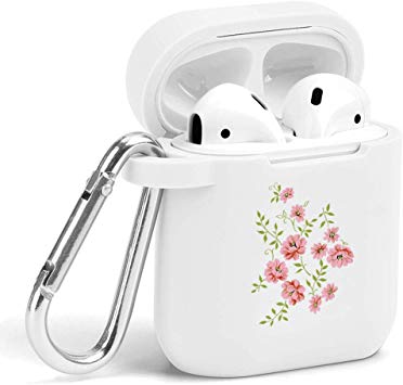 Case for Air Pods - Cute Flexible Protector Silicone Holder Cover with Keychain Accessories Compatible with Airpods 1 2 Pink Flower