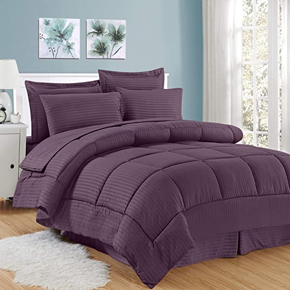 Sweet Home Collection 8 Piece Comforter Set Bag Stripe Design, Bed Sheets, 2 Pillowcases, 2 Shams Down Alternative All Season Warmth, Queen, Dobby Purple