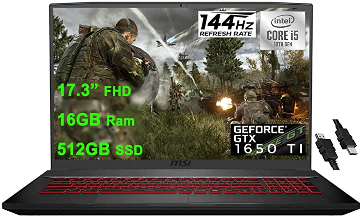 MSI 2021 Flagship GF75 Thin Gaming 17 Laptop 17.3” FHD IPS 144Hz 10th Gen Intel 4-Core i5-10300H(Beat i7-8850H) 16GB RAM 512GB SSD GeForce GTX 1650Ti 4GB Backlit USB-C Win10   HDMI Cable