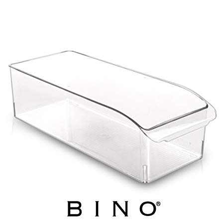 BINO Refrigerator, Freezer and Pantry Cabinet Storage Drawer Organizer Bin, Clear and Transparent Plastic Nesting Container for Home and Kitchen with Built-In Pull Out Handle, Large