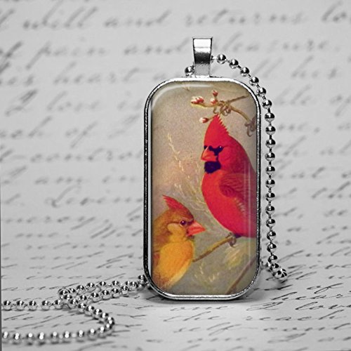 Love Birds Cardinal Birds Winter Glass Tile Silver Bezel Pendant Necklace