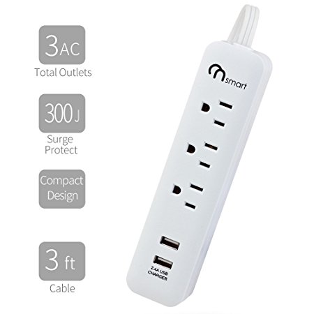 ON Smart Solution 3 AC Outlets Surge Protector Power Strip- 2 USB 2.4A total Output- 300J Surge Protection- 3 Ft Power Cord- ETL listed- White