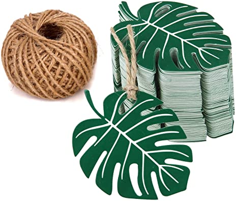 WRAPAHOLIC Gift Tags with String - 100PCS Green Tropical Palm Leaves Tags with 100 Feet Natural Jute Twine